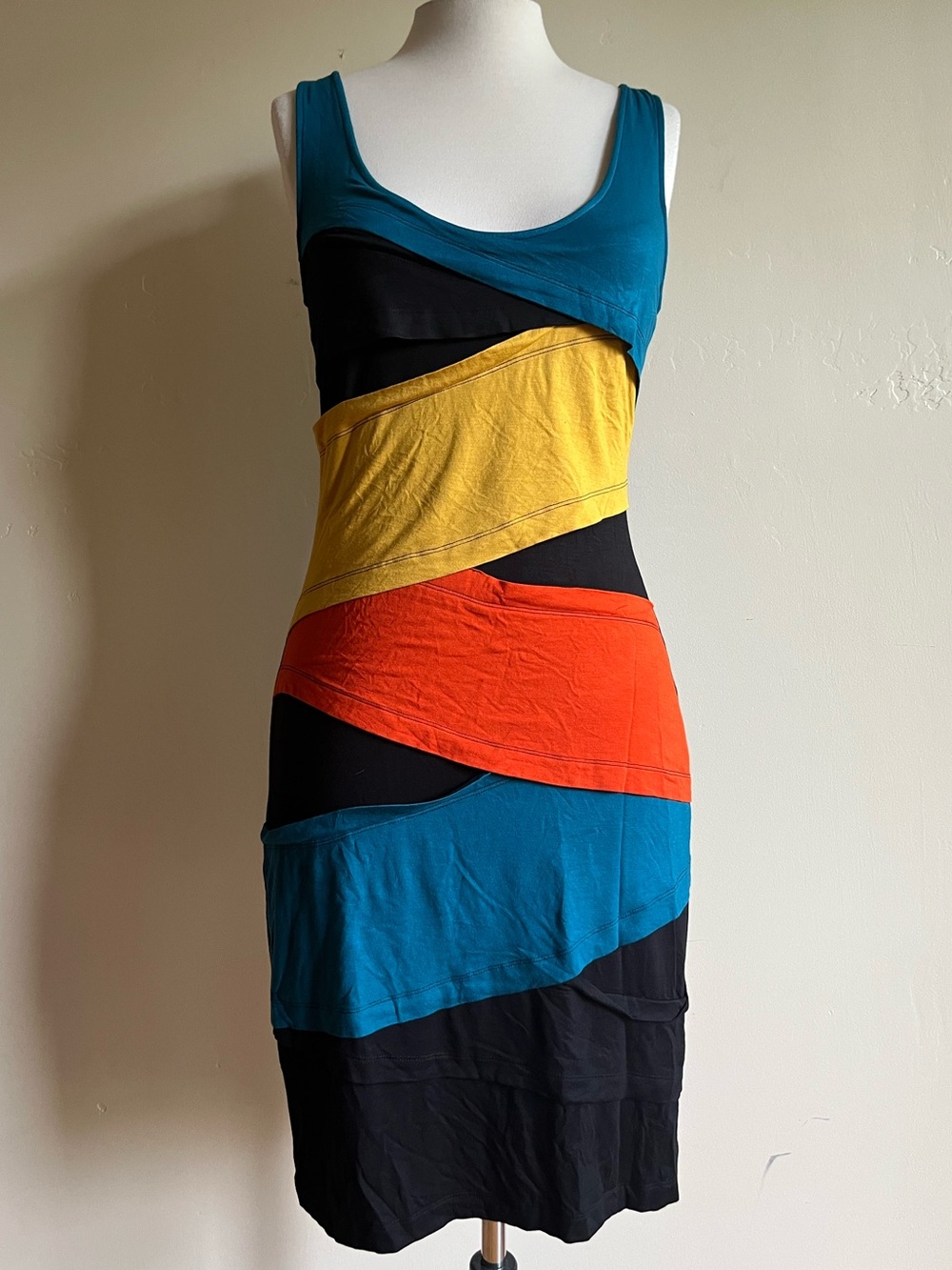 Plenty by Tracy Reese Teal, Yellow, Red & Black Colorblock Sleeveless Midi Dress
